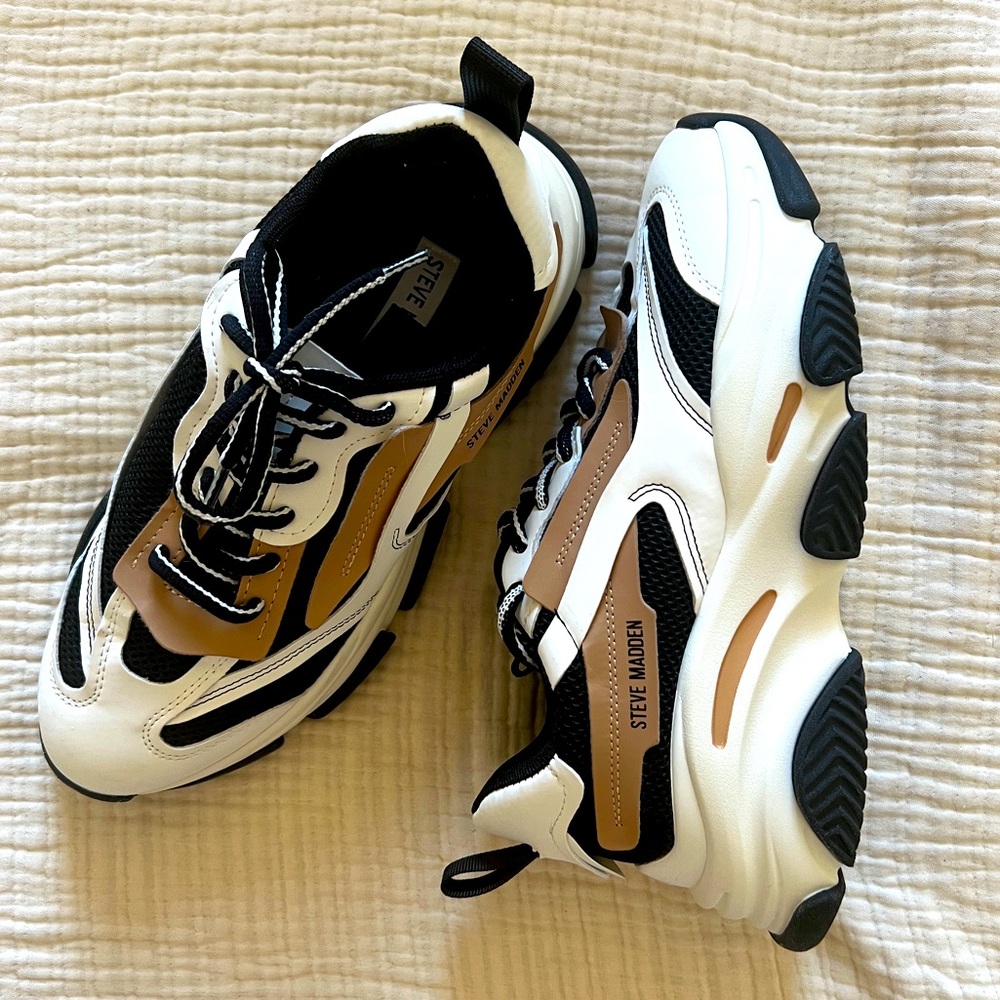 Steve Madden Possession Multi Panel Chunky Sneakers in Tan, White and Black